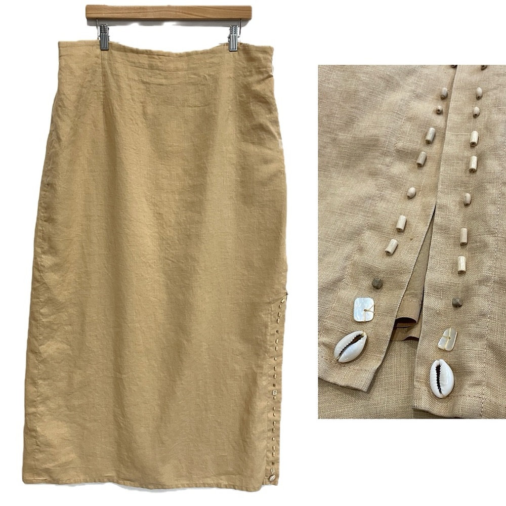 Cavita 100% Linen Beaded Seashell Maxi Skirt Size 18 Khaki Tan A-Line Side Slit - Picture 3 of 14